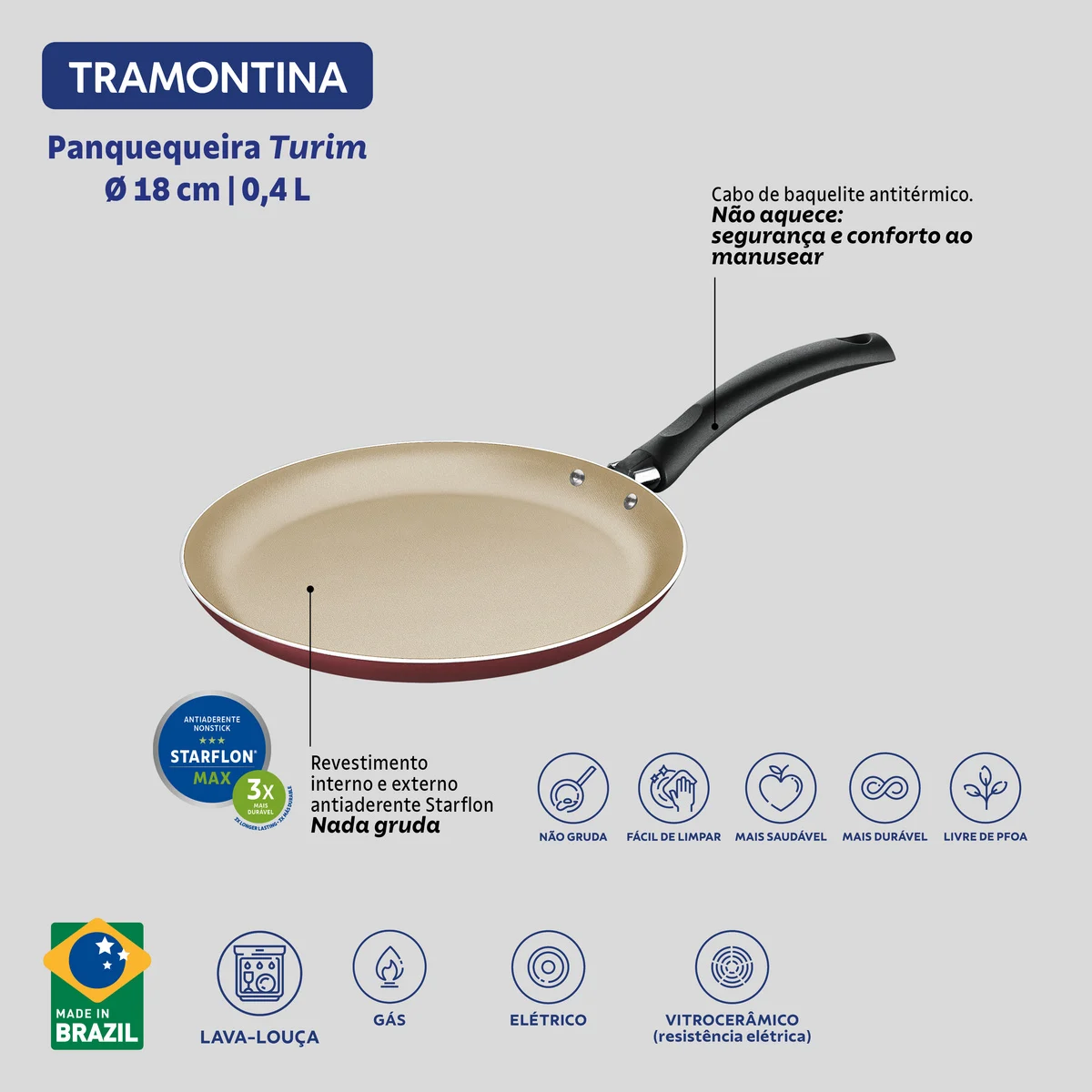 Panquequeira Alumínio 18 Cm Antiaderente Turim Vermelha - Imagem 3