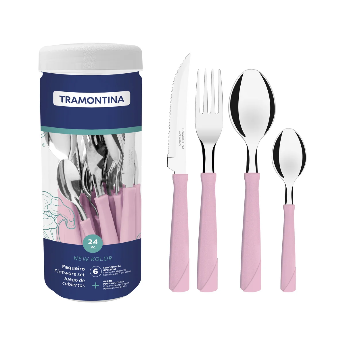 Faqueiro Inox 24 Peças Rosa Cabos Polipropileno