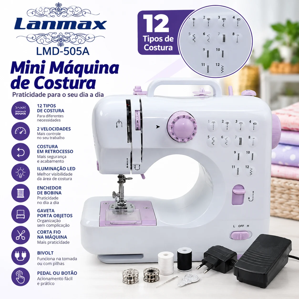 Mini Máquina de Costura Doméstica 12 Pontos Bivolt - Imagem 3