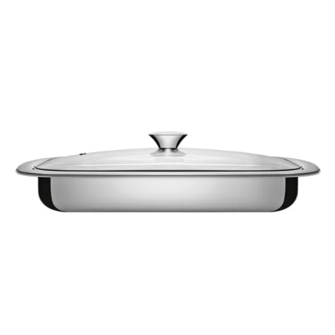 Assadeira Retangular Aço Inox Cosmos 43 cm com Tampa de Vidro