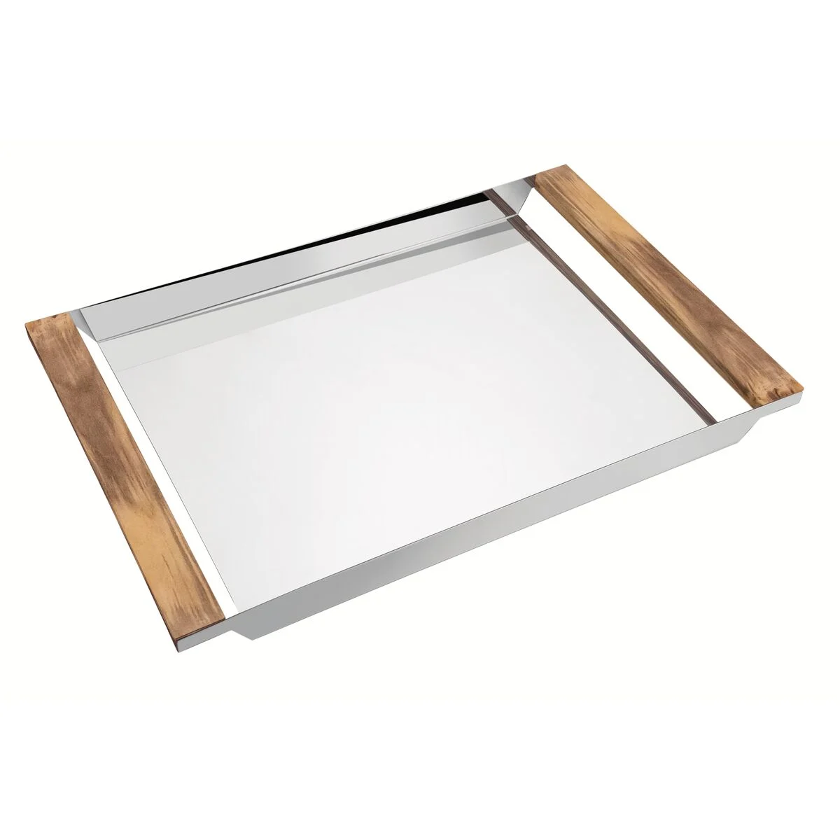 Bandeja retangular aço inox com alças de madeira 53 x 35 cm