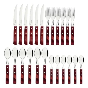 Conjunto de Talheres 24 Peças Wood Cabo Vermelho Escuro