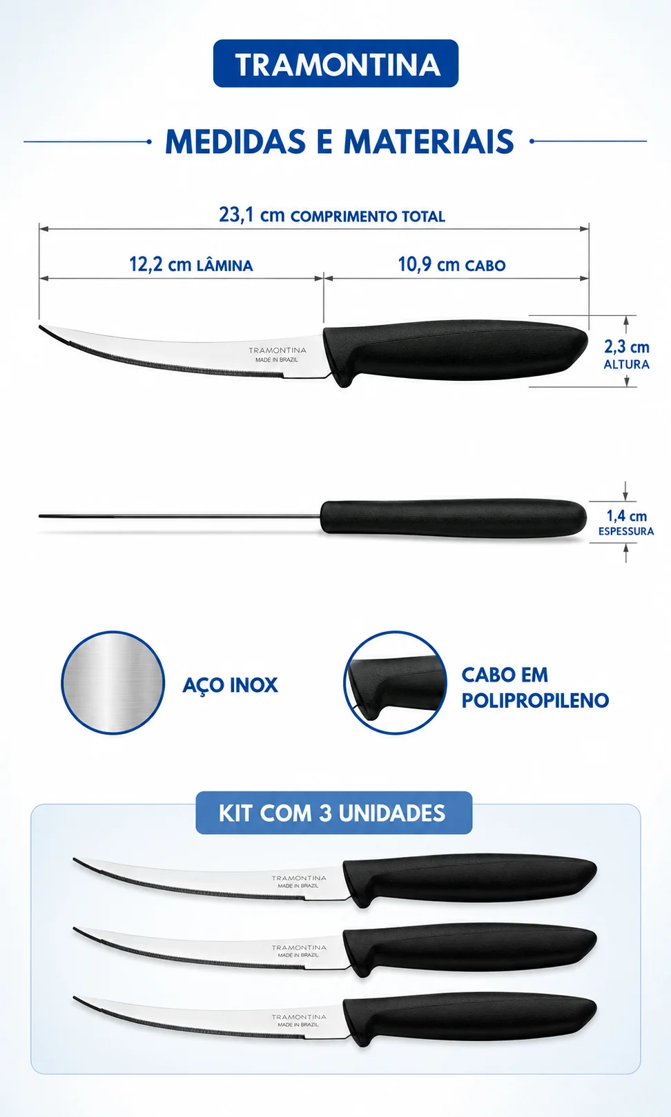 Kit 3 Facas para Tomate Tramontina Microserrilhadas Inox Preto - Imagem 2