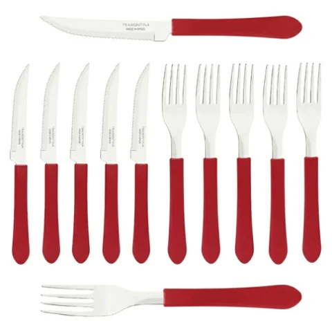 Kit 12 Facas + 12 Garfos Tramontina Leme Talheres Faqueiro V Vermelho