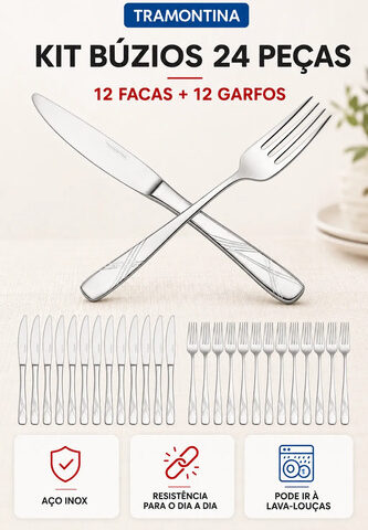 Kit 24 Peças Garfos e Facas Inox Tramontina Búzios Talheres Prateado