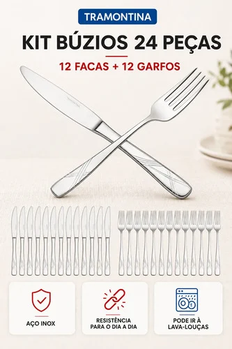 Kit 24 Peças Garfos e Facas Inox Tramontina Búzios Talheres Prateado