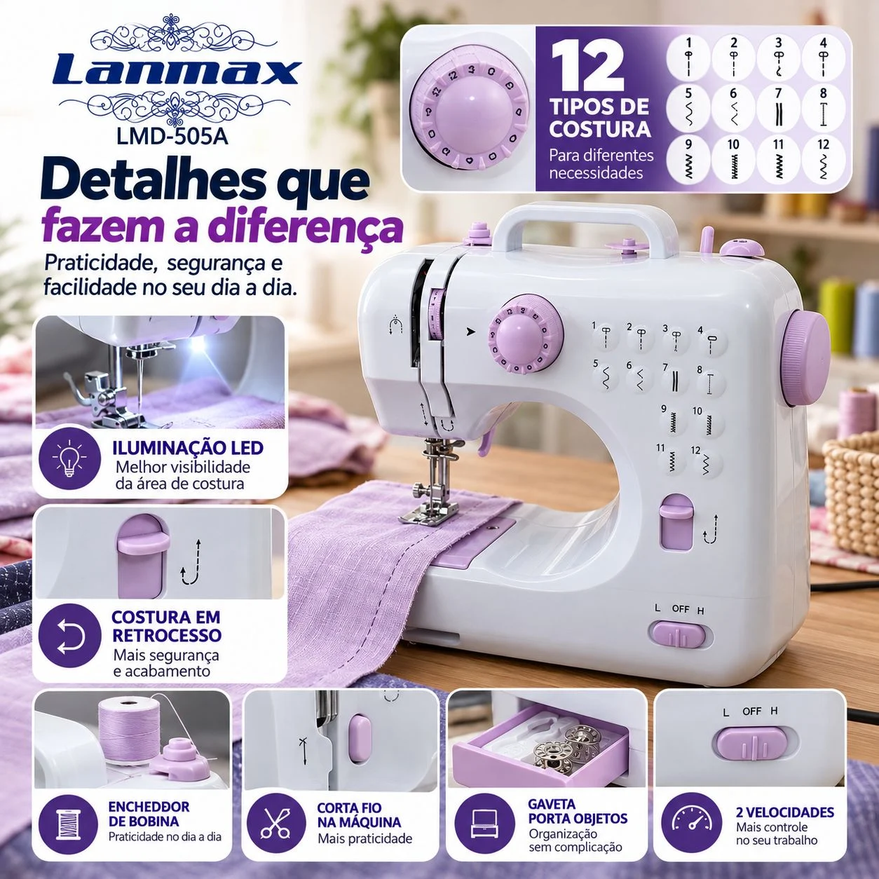 Mini Máquina de Costura Doméstica 12 Pontos Bivolt - Imagem 4